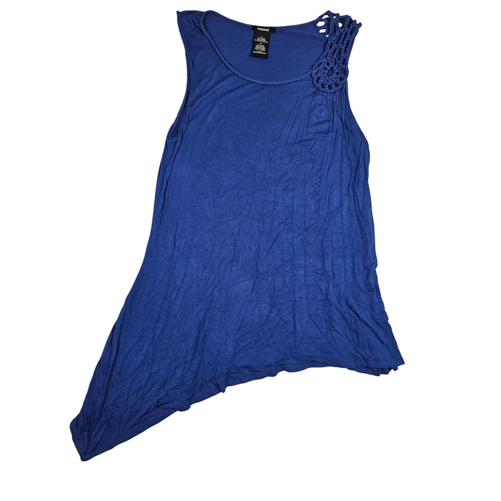 Premise Womens Brocade Blue Asymmetric Crochet Shoulder Tank Top Size M